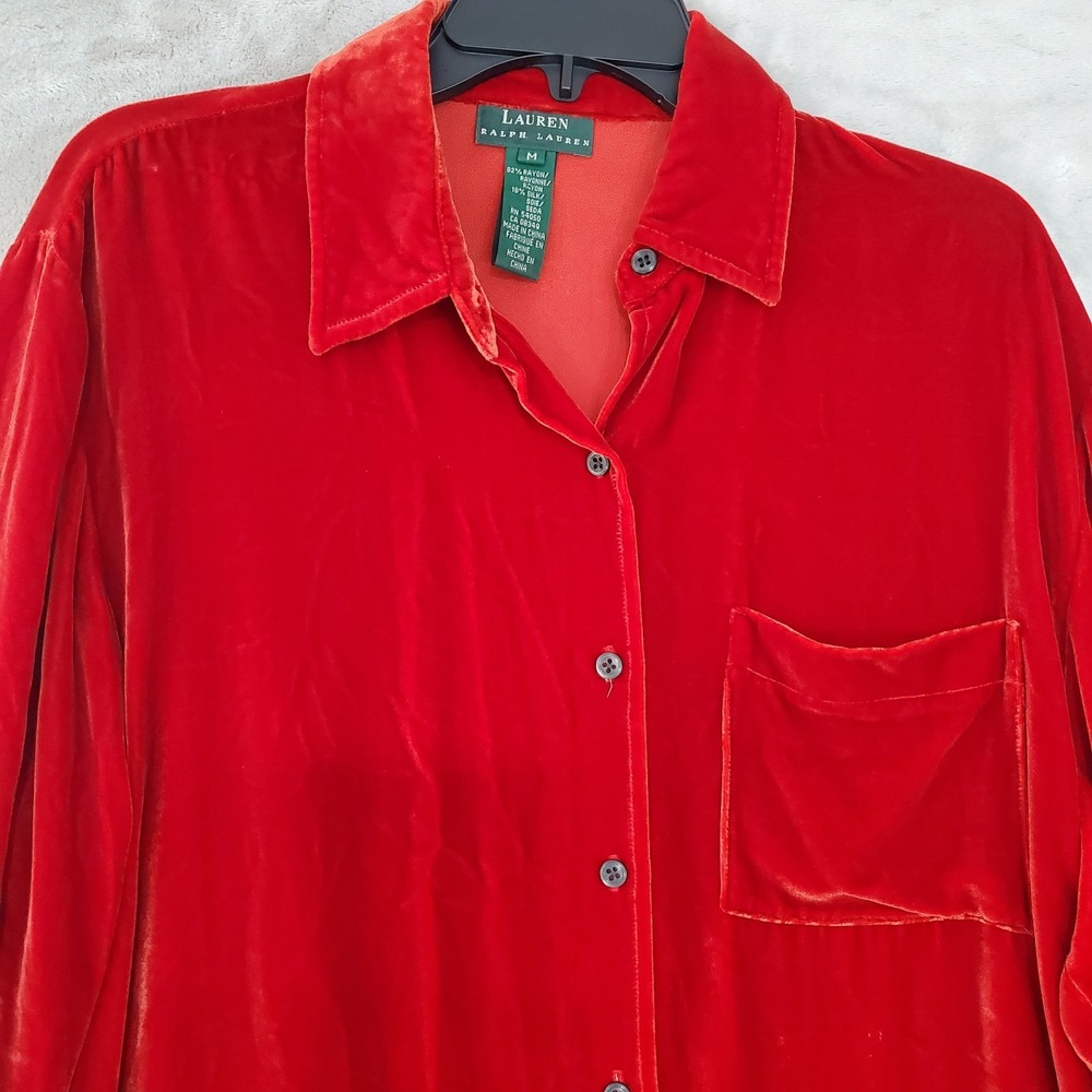 Vintage Lauren Ralph Lauren Red Velvet‎ Top Womens M Button Down Silk Blend EUC - Picture 2 of 8